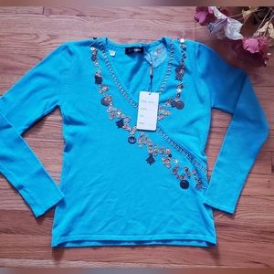 Extreme Turquoise Rare Medium long sleeve sweater rhinestone embroidery